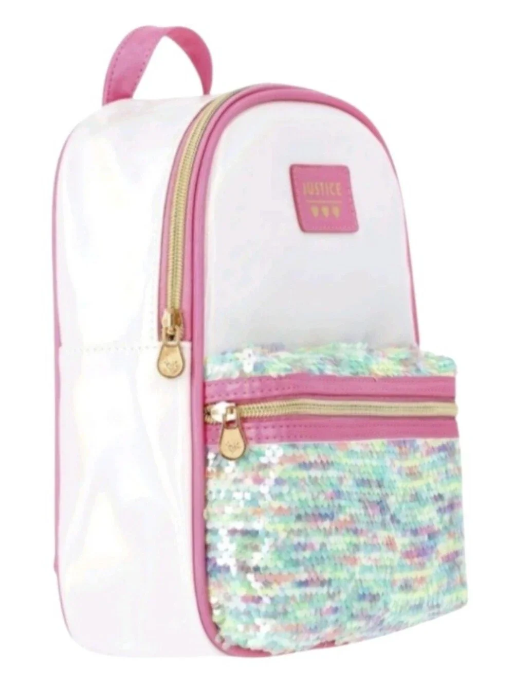 Justice Girls Mini Backpack in Shiny Silver/ Pink  and Colored Sequin.